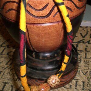 Ethnic Cord Necklace of Red and Yellow Kente with African Wood Beads